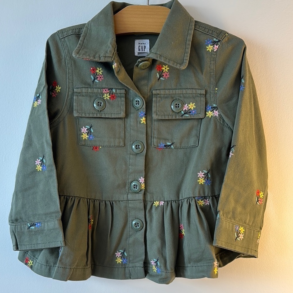 GAP Green Jean Jacket with Peplum Waist and Embroidered Details